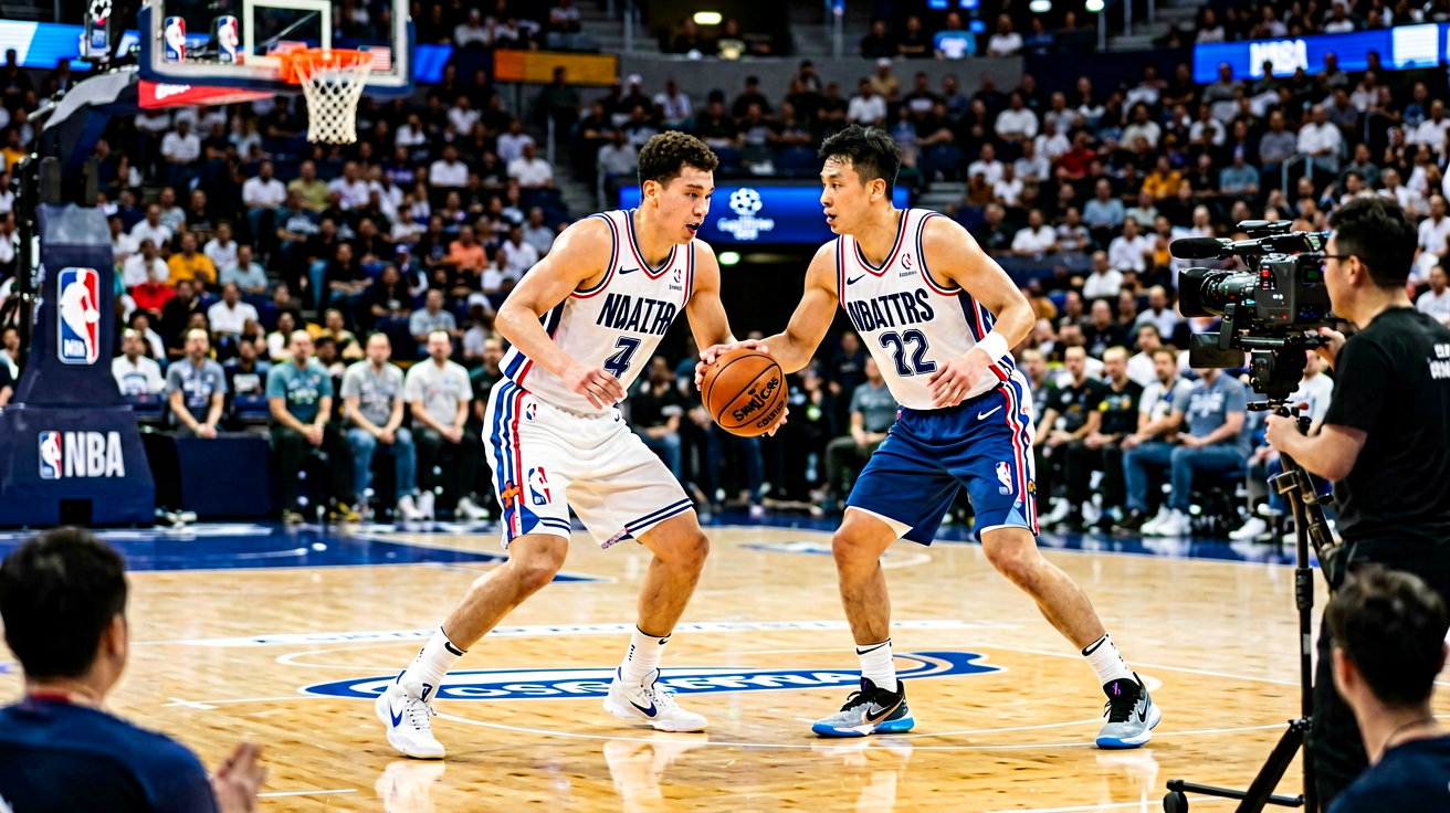 篮球比赛现场，NBA球员在球场上对抗